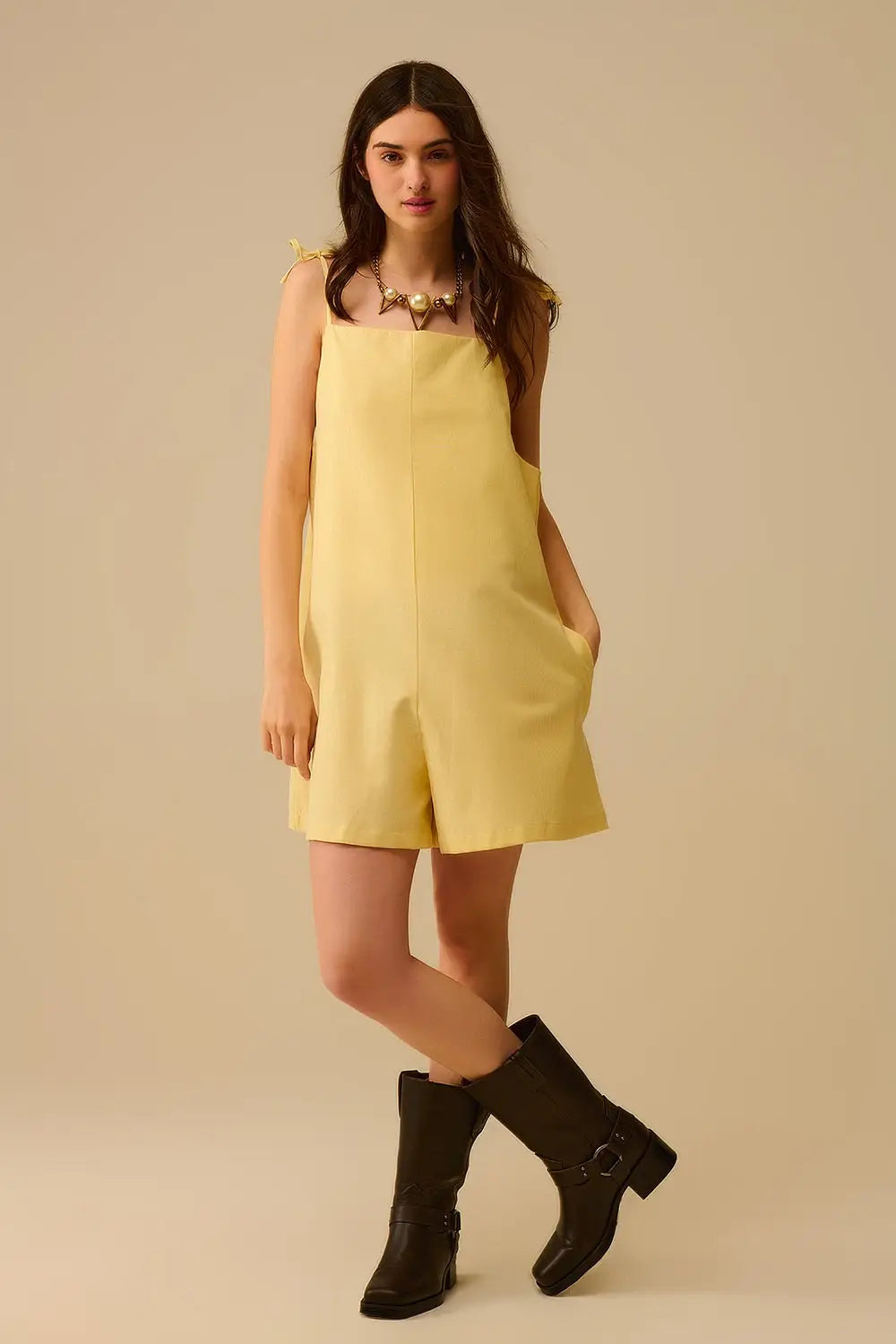 Yellow striped playsuit with shoulder ties and back pocket detail - Dresses Jumpsuits