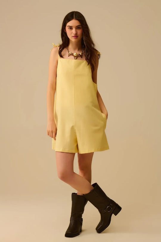 Yellow striped playsuit with shoulder ties and back pocket detail - Dresses Jumpsuits