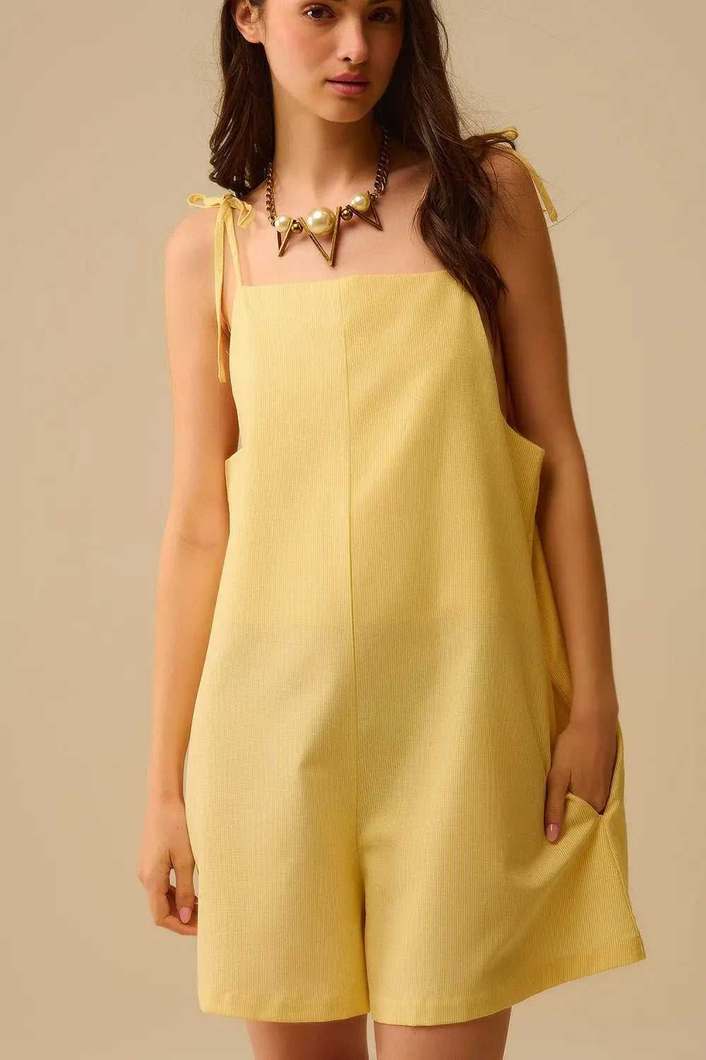 Yellow striped playsuit with shoulder ties and back pocket detail - Dresses Jumpsuits