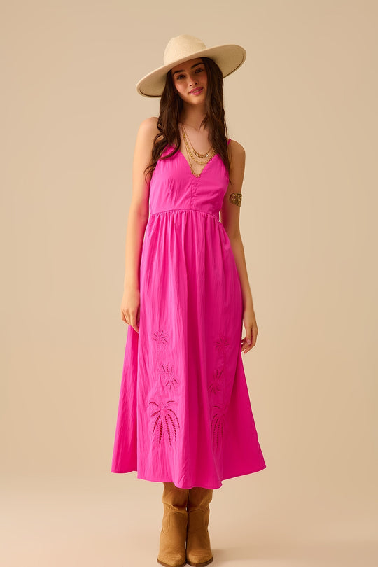Fucshia maxi dress with embroidered palms