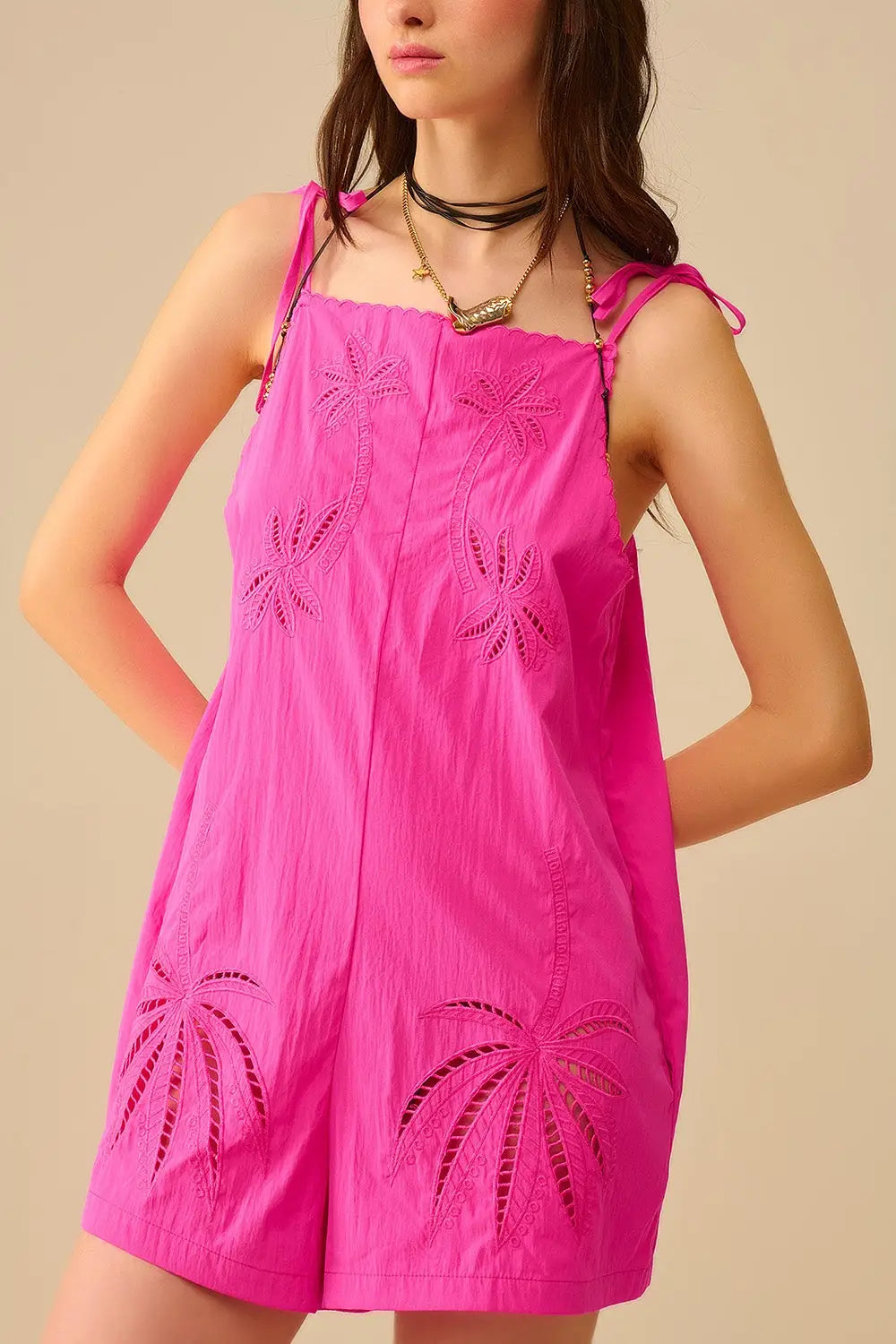 Pink Embroidered Palm Tree Jumpsuit - Jumpsuits
