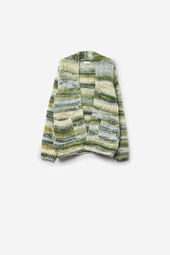 Oversized mottled striped long cardigan with pockets in Green - GREEN / ONE - Cardigans