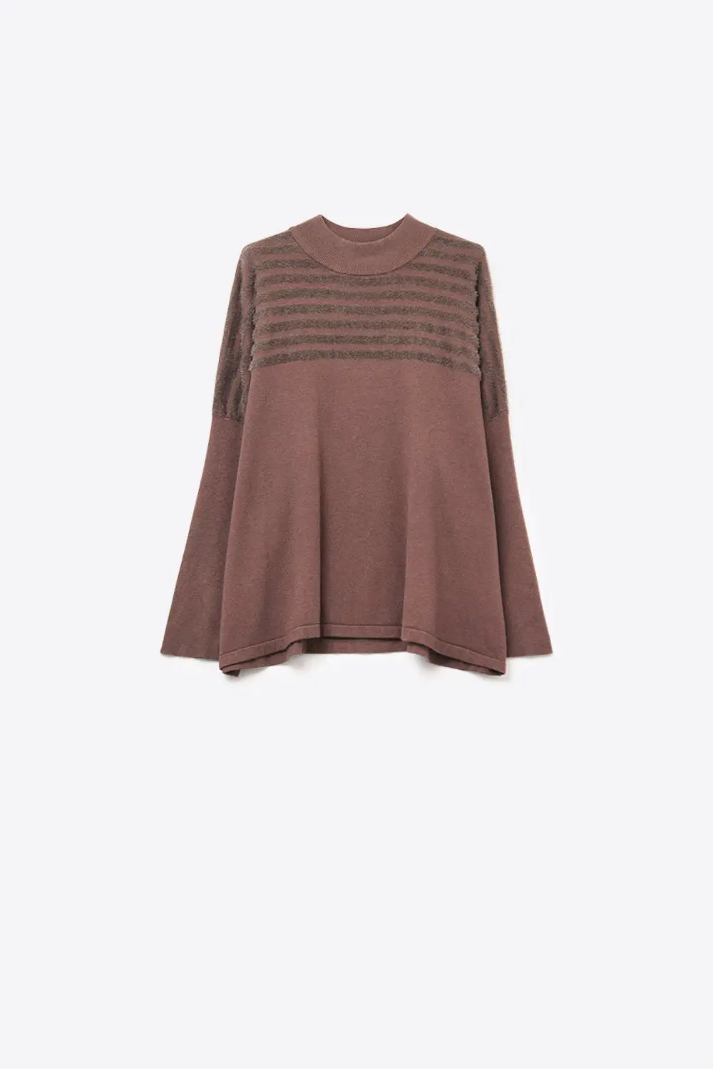 Brown Knit Sweater with Fluffy Stripe Detail - BROWN / ONE - Sweaters