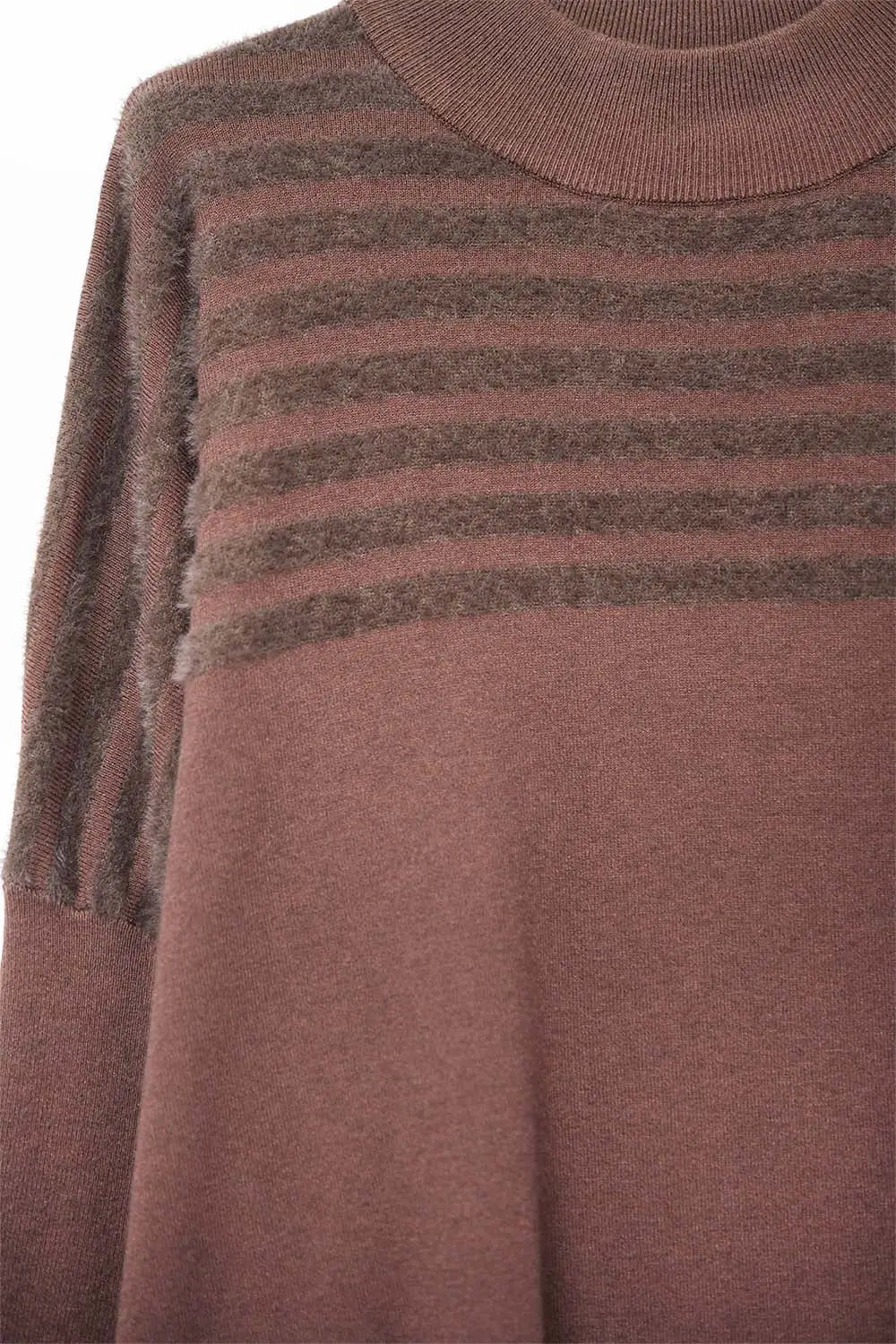 Brown Knit Sweater with Fluffy Stripe Detail - BROWN / ONE - Sweaters