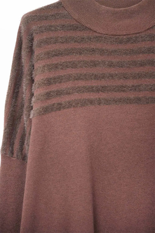 Brown Knit Sweater with Fluffy Stripe Detail - BROWN / ONE - Sweaters
