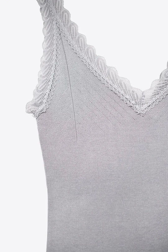 Scoop Neck Lace knitted Trim Tank Top in Grey - GRAY / ONE - Tops