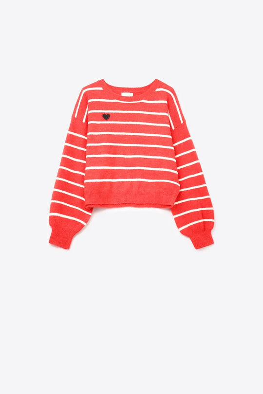 Red striped knit sweater with red heart detail - RED / ONE - Sweaters