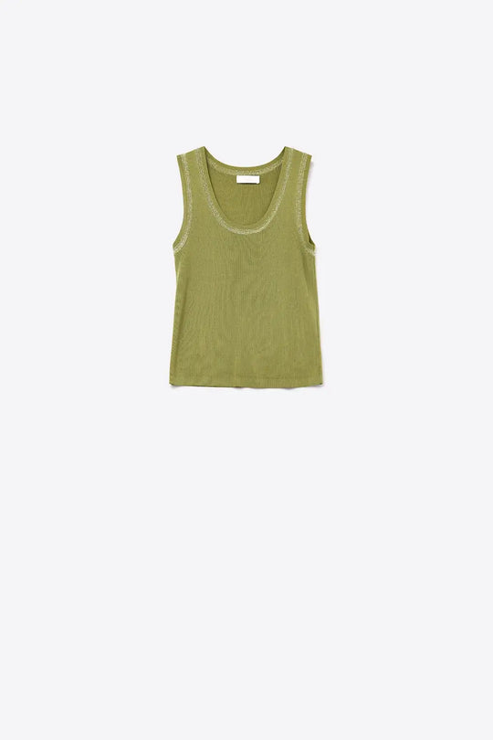 Olive Sleeveless Knit Top with Metallic Trim - KHAKI / ONE - Sweaters