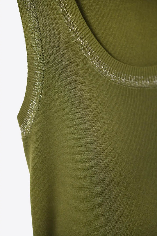 Olive Sleeveless Knit Top with Metallic Trim - KHAKI / ONE - Sweaters