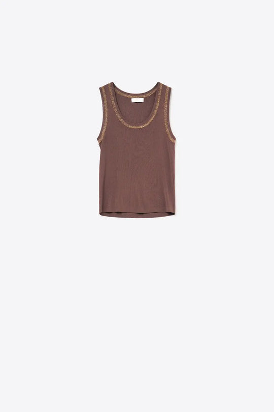 Brown Sleeveless Knit Top with Metallic Trim - BROWN / ONE - Sweaters