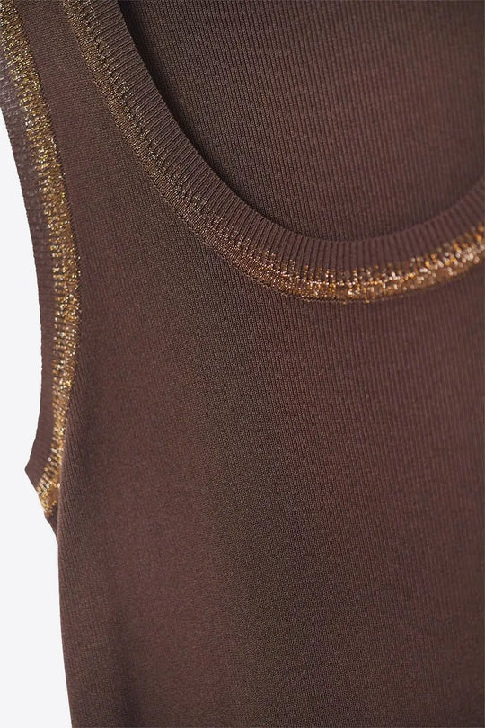 Brown Sleeveless Knit Top with Metallic Trim - BROWN / ONE - Sweaters