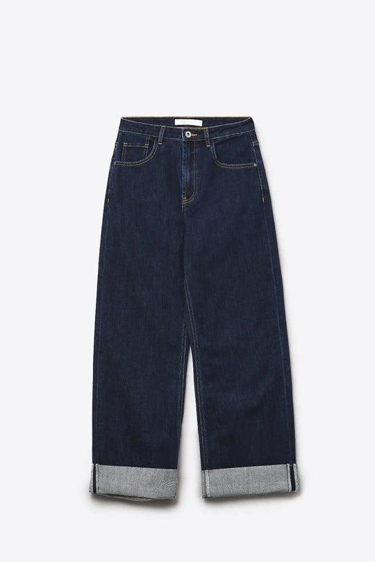 High-Waisted Dark Blue wide leg Jeans with Folded Hems