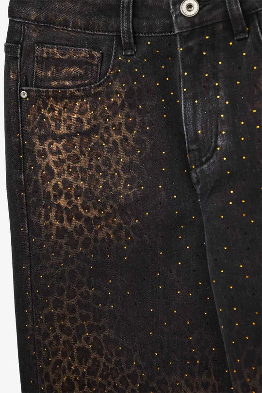 Leopard Print Black Straight-Leg Jeans with strass detail - Colored Jeans