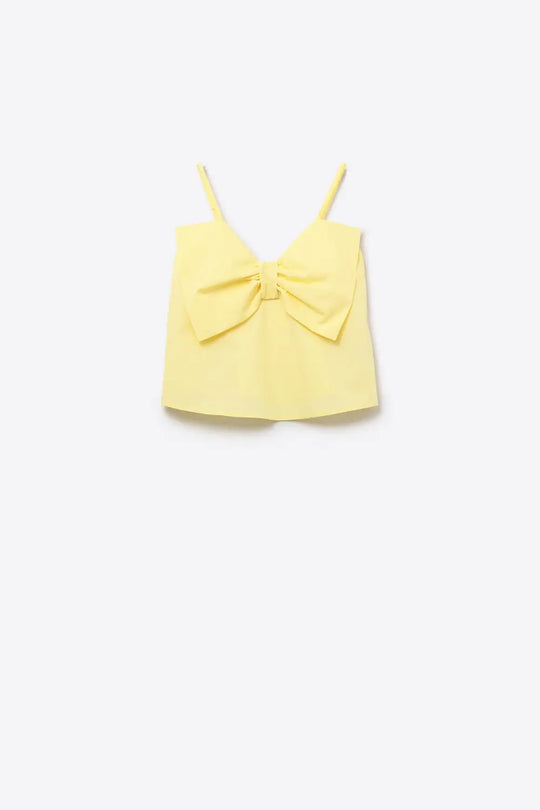 Yellow poplin crop top with bow detail - Tops