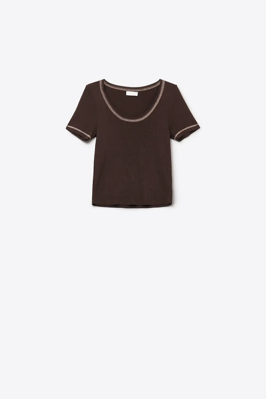 thin knitted sweater In brown With Silver Seam at Round Neck - BROWN / ONE - Sweaters