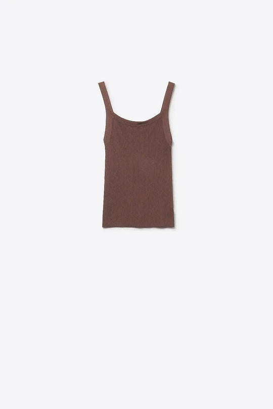Brown Ribbed Knit Top with Wide Straps - BROWN / ONE - Tops