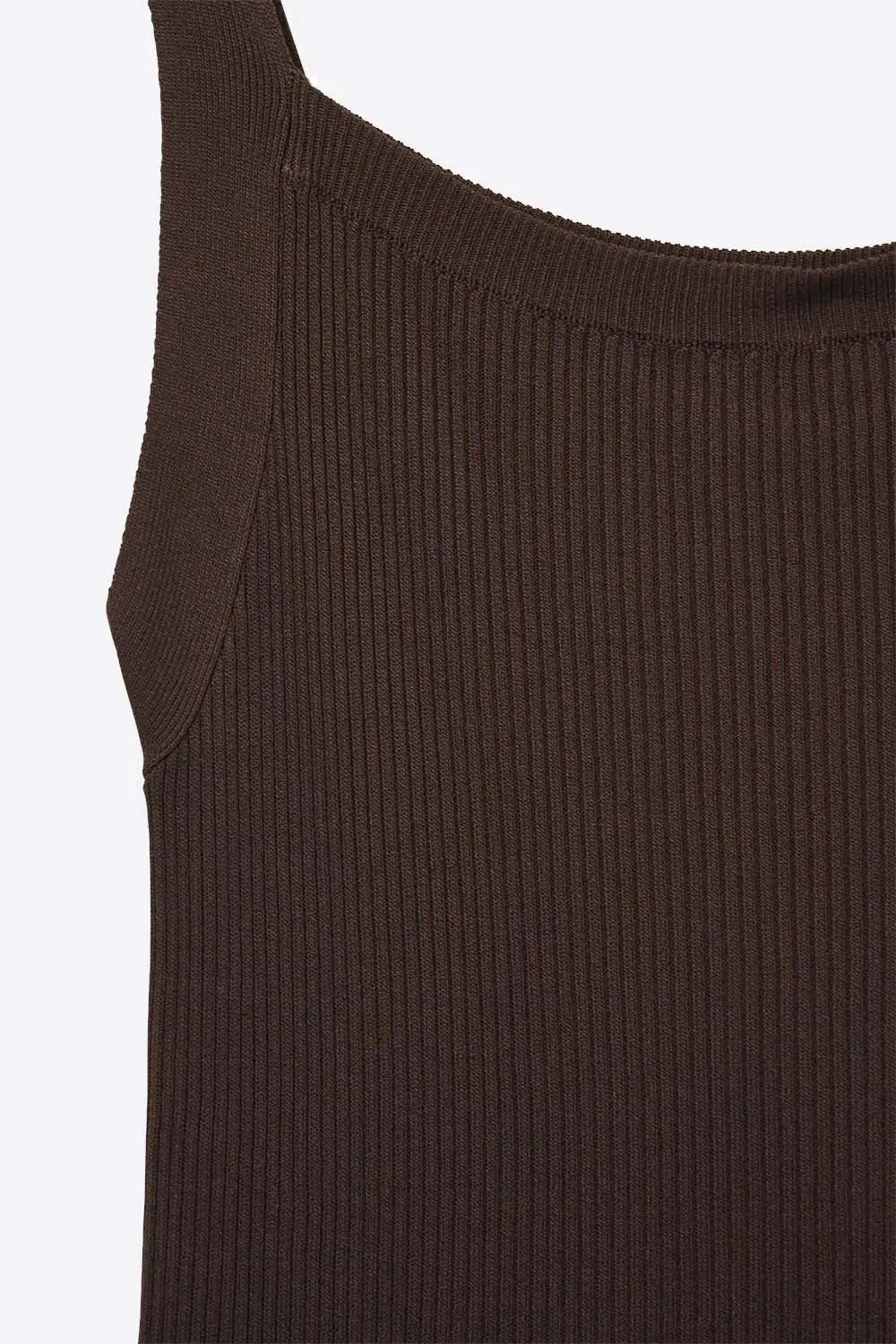 Brown Ribbed Knit Top with Wide Straps - BROWN / ONE - Tops