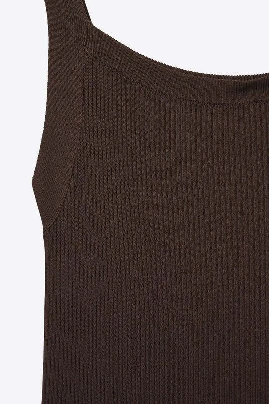 Brown Ribbed Knit Top with Wide Straps - BROWN / ONE - Tops