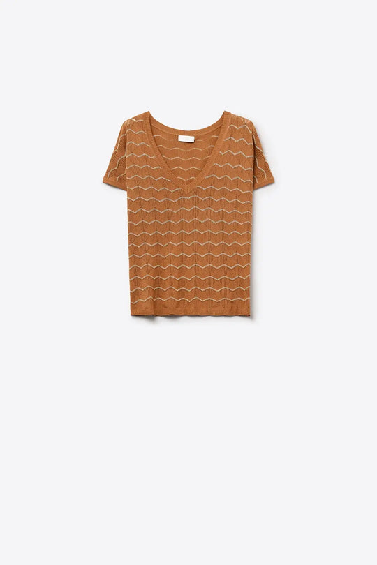 Zigzag V-Neck Knit sweater with dropped sleeves in Brown - BROWN / ONE - Sweaters