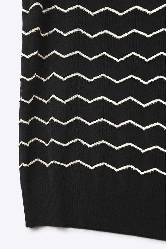 Black Knitted sweater with Golden Zigzag Pattern - BLACK / ONE - Tops