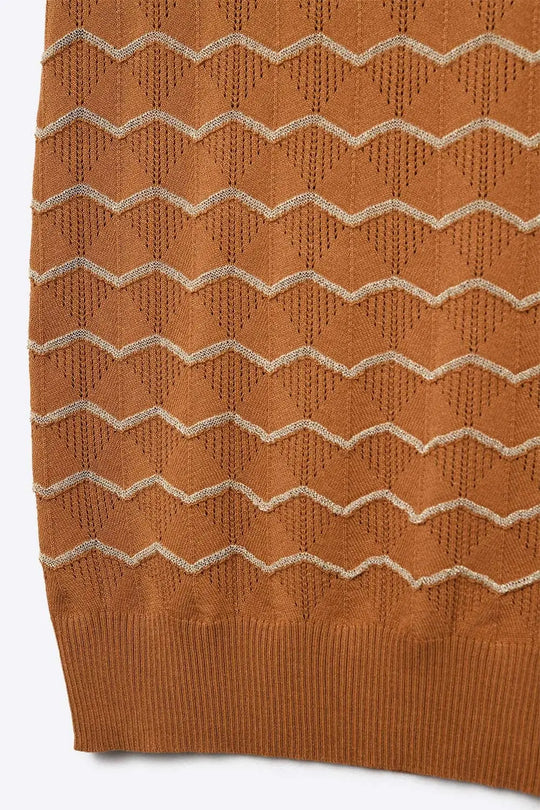 Knitted sweater with Golden Zigzag Pattern - BROWN / ONE - Tops