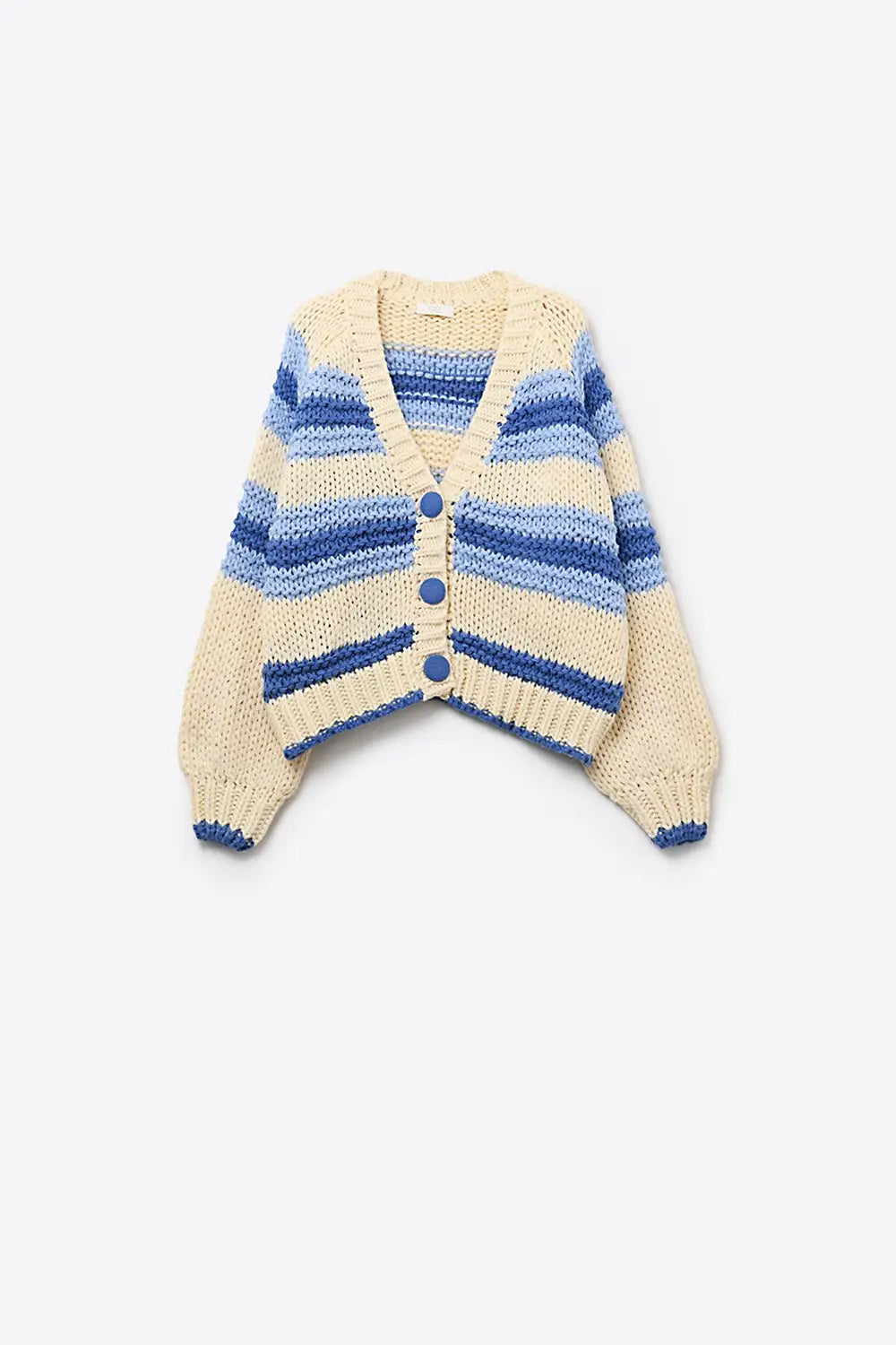 V-neck Chunky Knit Cardigan in stripes of Blue and cream - BLUE / ONE - Cardigans