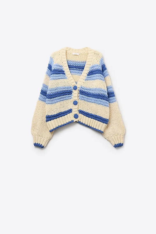 V-neck Chunky Knit Cardigan in stripes of Blue and cream - BLUE / ONE - Cardigans