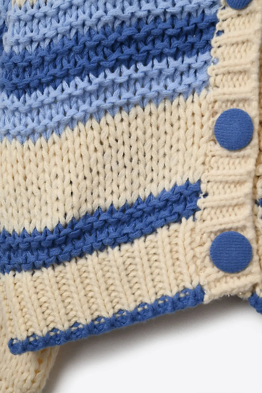 V-neck Chunky Knit Cardigan in stripes of Blue and cream - BLUE / ONE - Cardigans