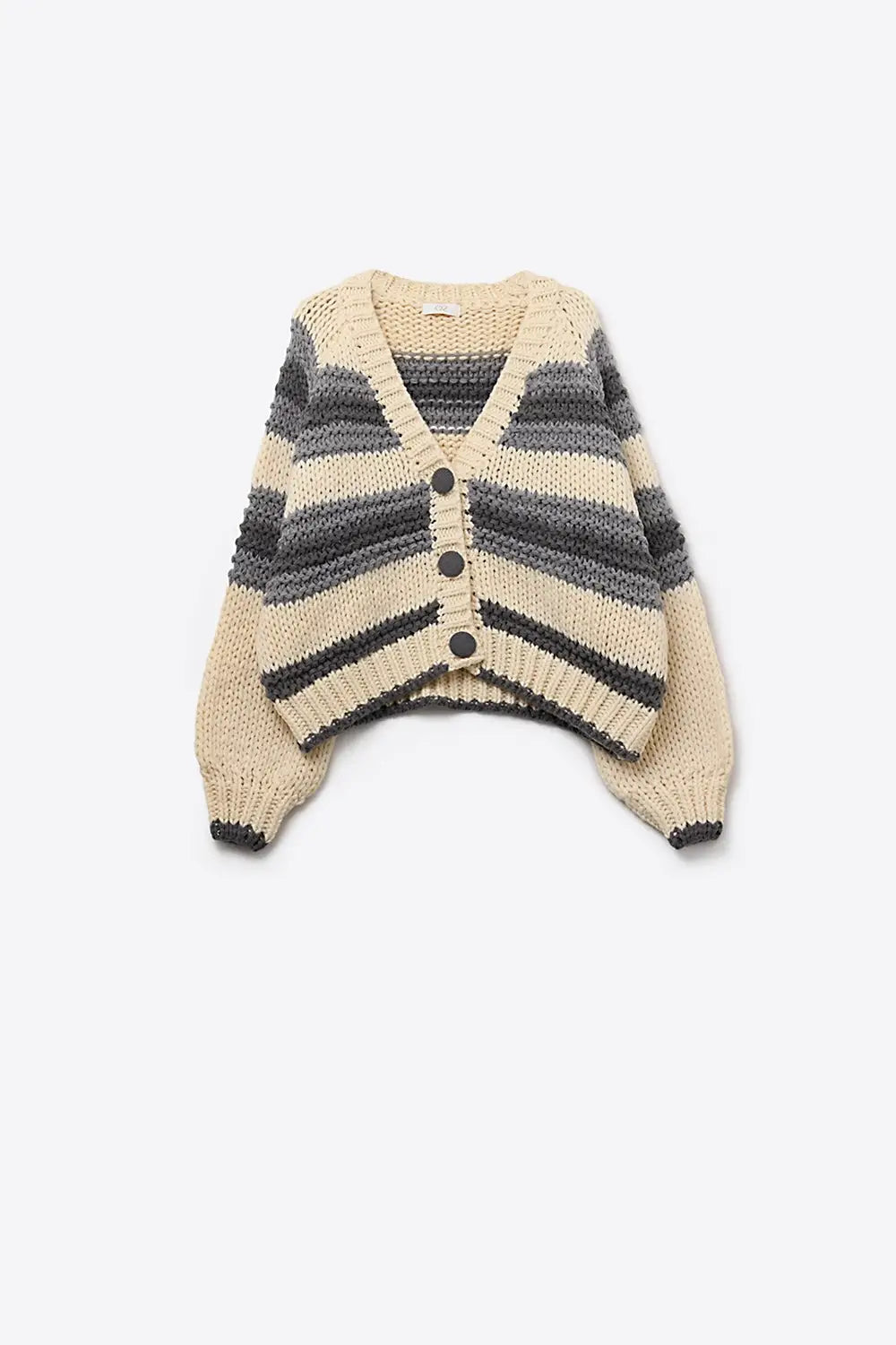 V-neck Chunky Knit Cardigan in striped of Grey and Cream - GRAY / ONE - Cardigans