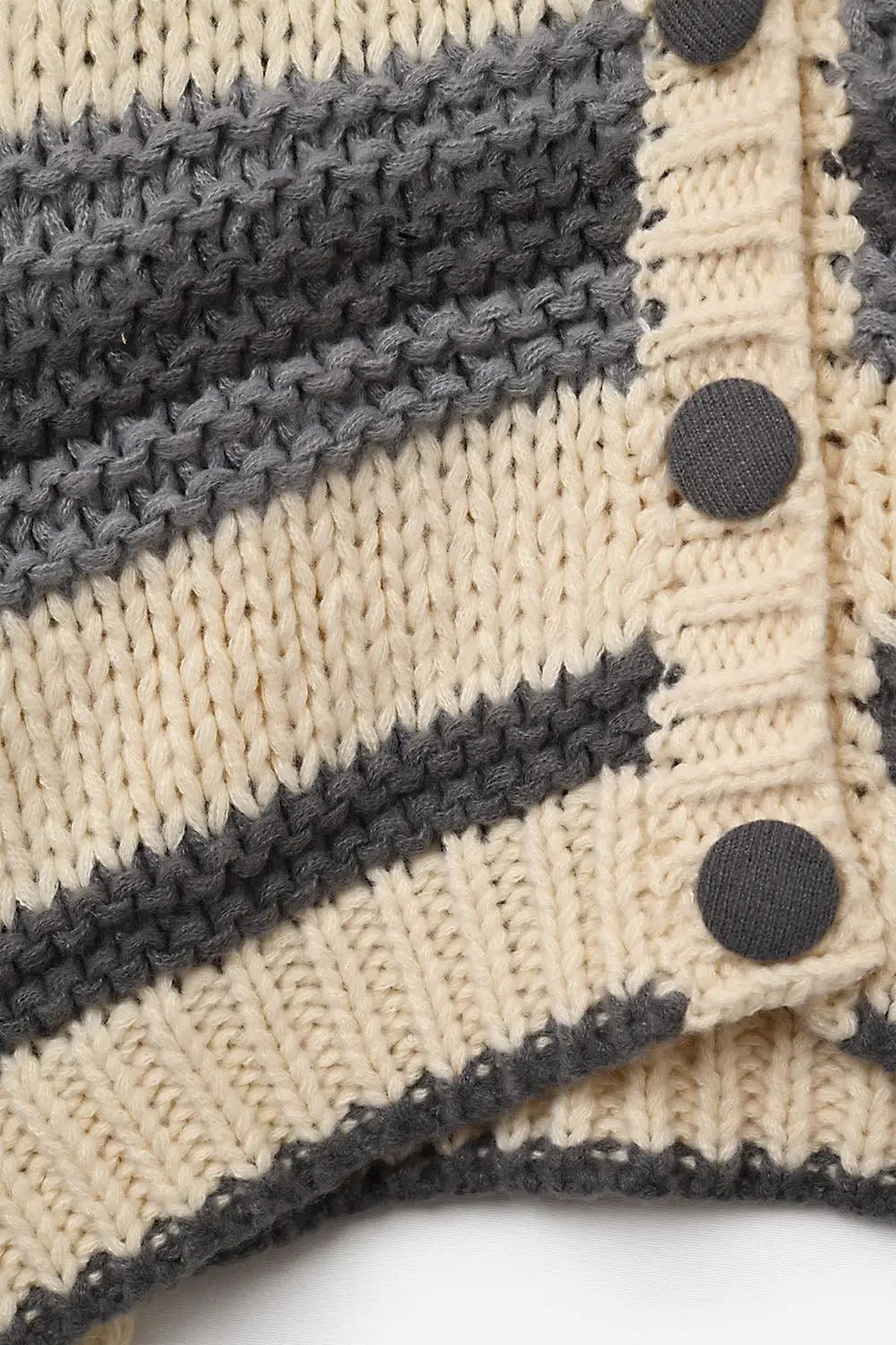 V-neck Chunky Knit Cardigan in striped of Grey and Cream - GRAY / ONE - Cardigans