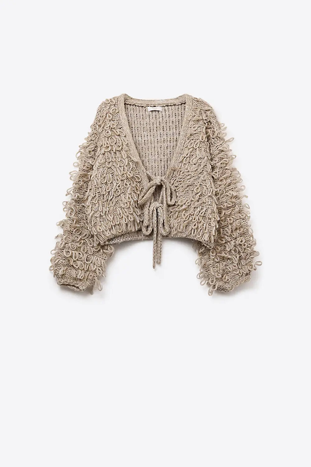 Beige Cropped chunky Knit cardigan with V-Neck and Front Tie closure - BEIGE / ONE - Jackets Cardigans