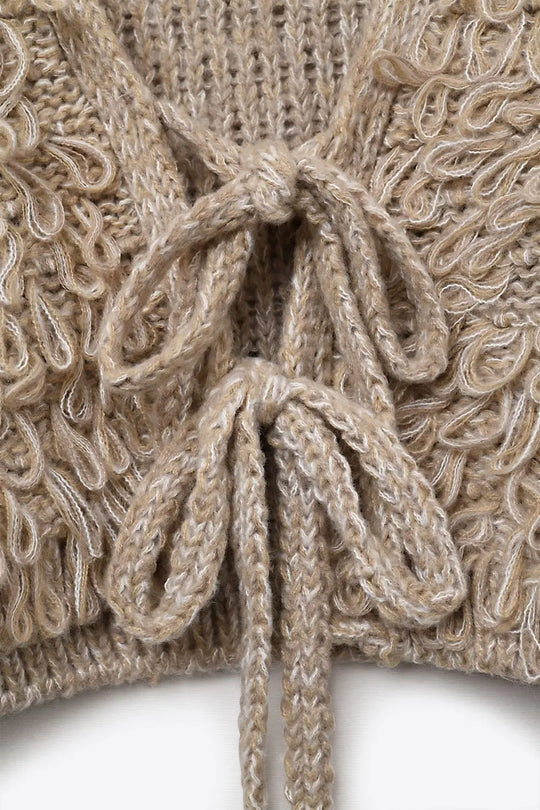 Beige Cropped chunky Knit cardigan with V-Neck and Front Tie closure - BEIGE / ONE - Jackets Cardigans