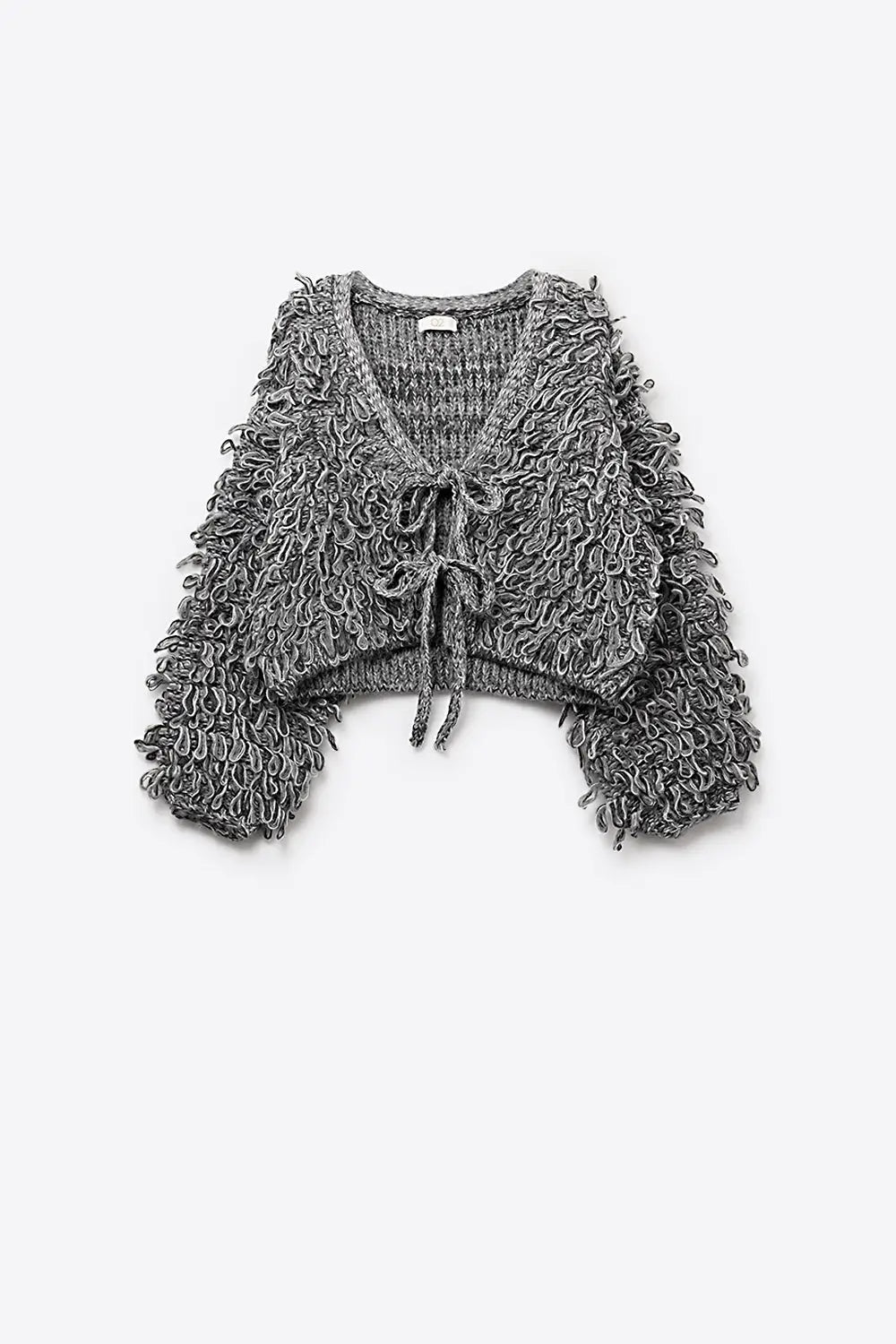Grey Cropped chunky Knit cardigan with V-Neck and Front Tie closure - GRAY / ONE - Jackets