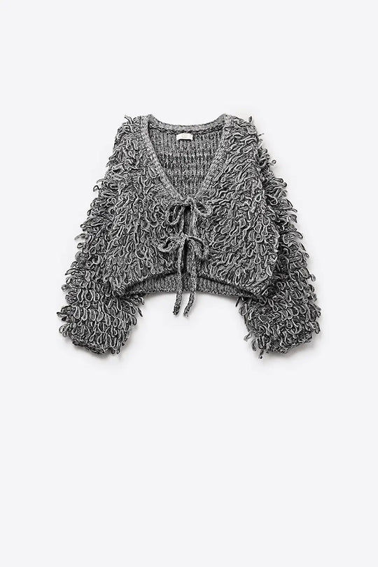Grey Cropped chunky Knit cardigan with V-Neck and Front Tie closure - GRAY / ONE - Jackets