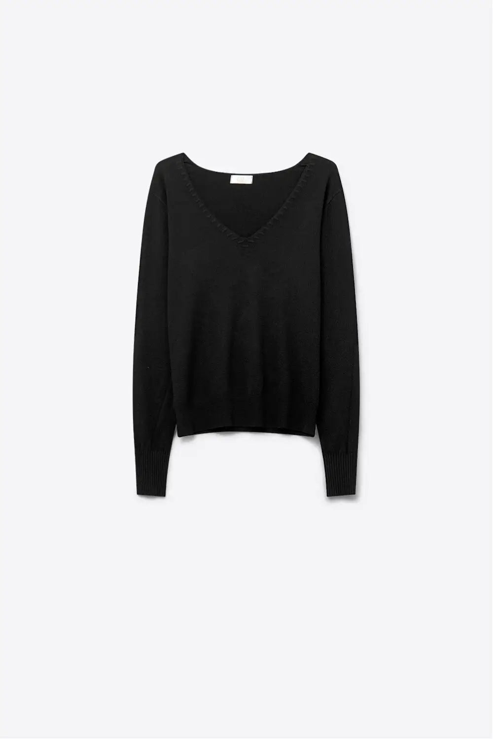 Fine Knit V-Neck Sweater with Decorative Neckline Detail in black color - BLACK / ONE - Sweaters