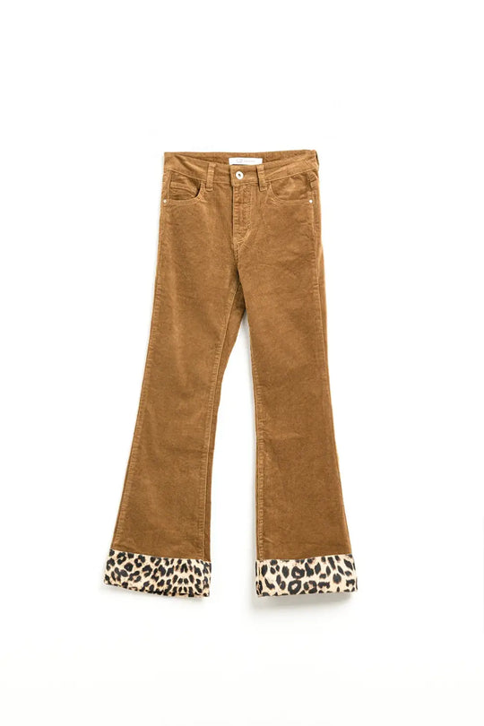 Brown corduroy flare pants with leopard print at the bottom - Pants