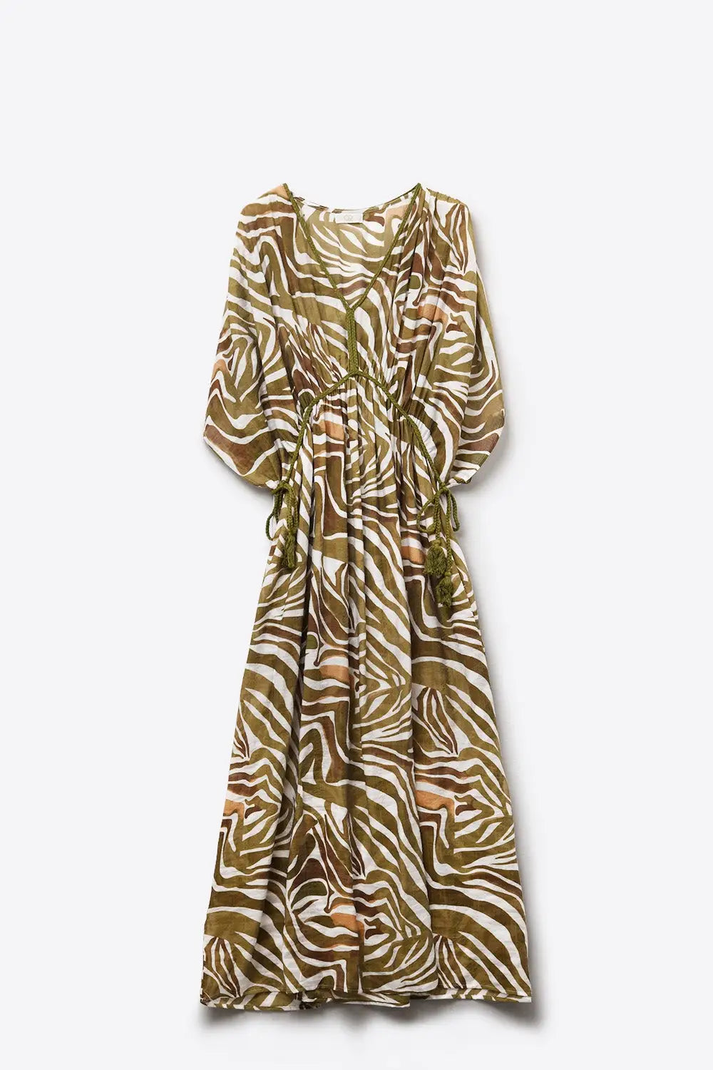 flowy chiffon Khaki Zebra Print Maxi Dress with Drawstring Waist - GREEN / ONE - Dresses