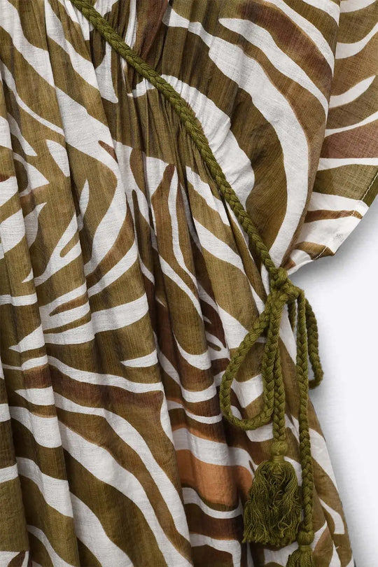 flowy chiffon Khaki Zebra Print Maxi Dress with Drawstring Waist - GREEN / ONE - Dresses