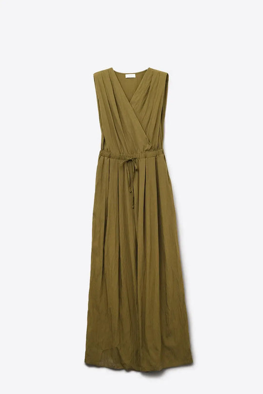 draped olive jumpsuit in crinkled fabric - Jumpsuits