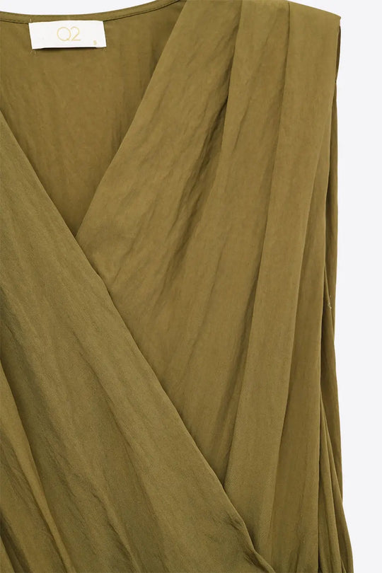 draped olive jumpsuit in crinkled fabric - Jumpsuits