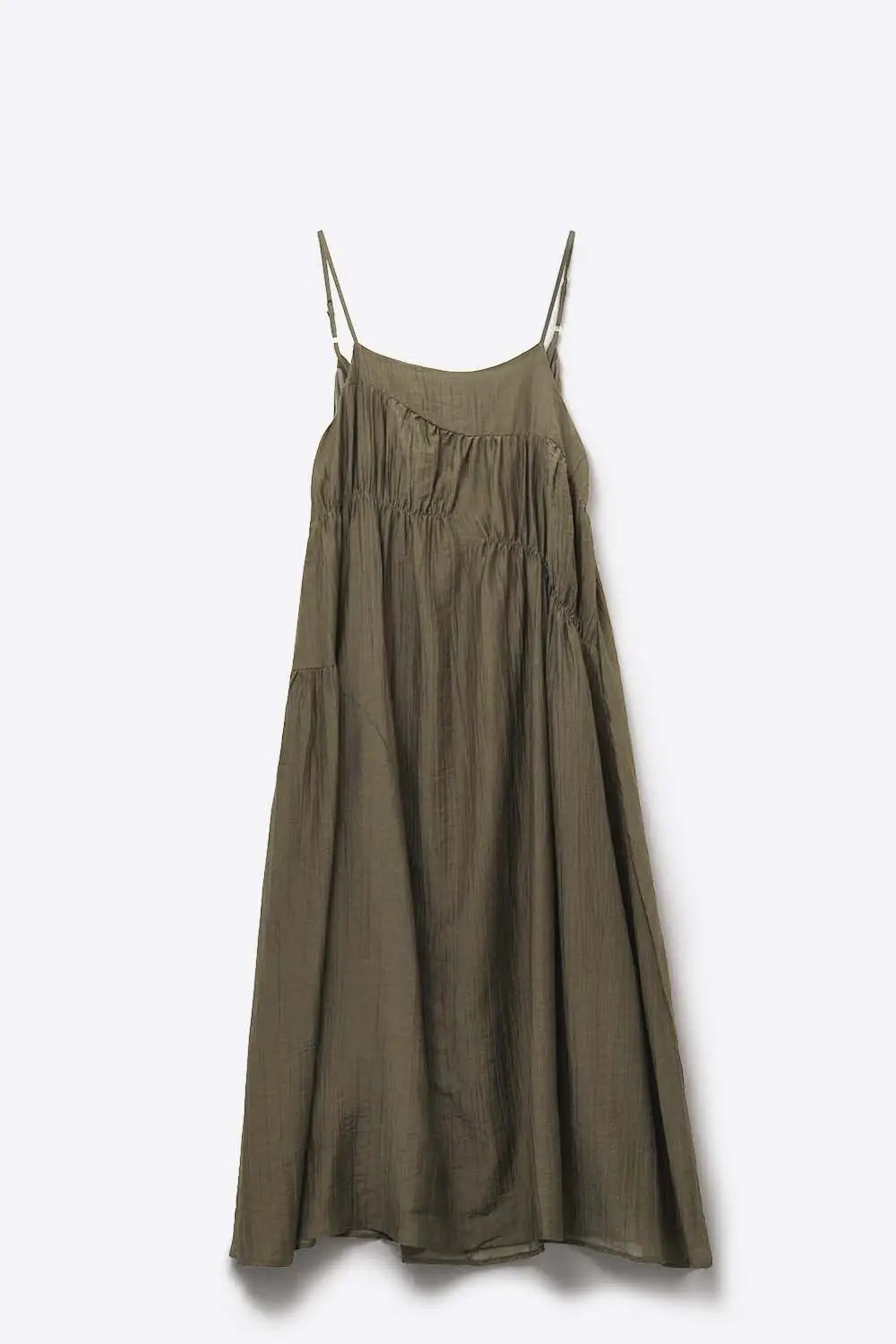 Khaki Midi Dress with Thin Straps and Crinkled Detail - Dresses