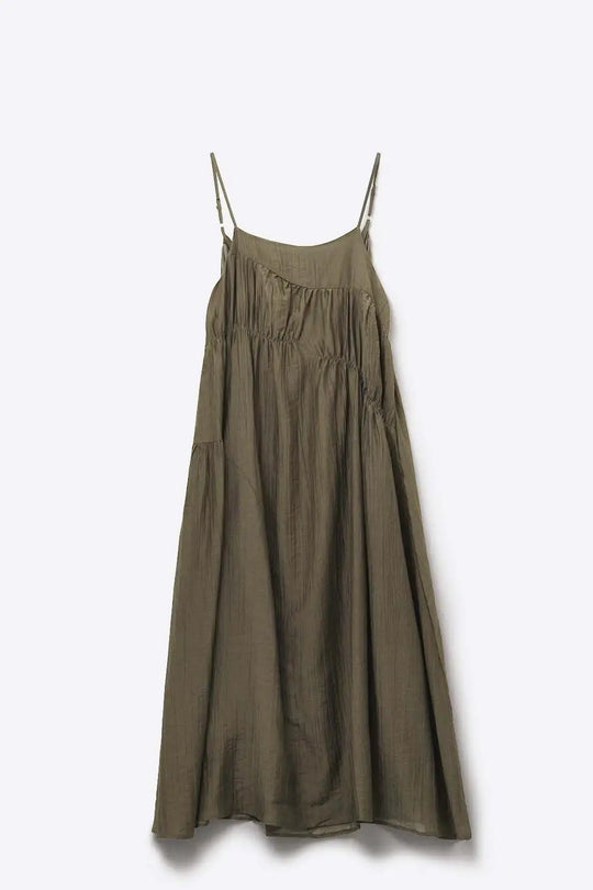 Khaki Midi Dress with Thin Straps and Crinkled Detail - Dresses