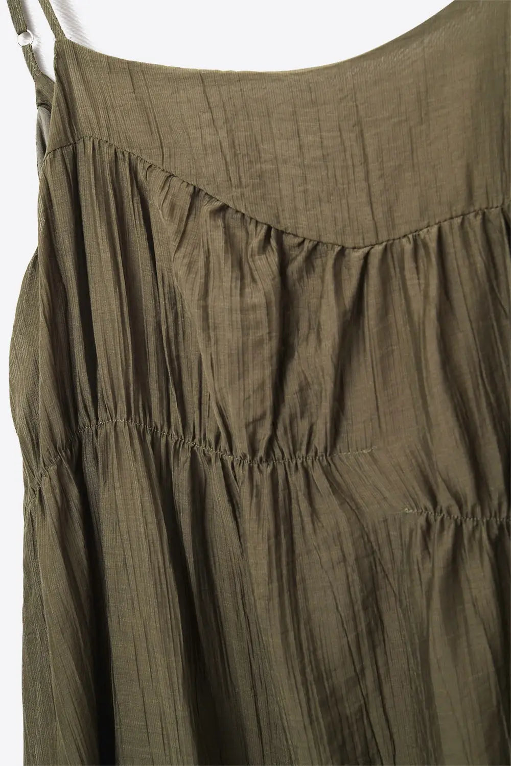 Khaki Midi Dress with Thin Straps and Crinkled Detail - Dresses
