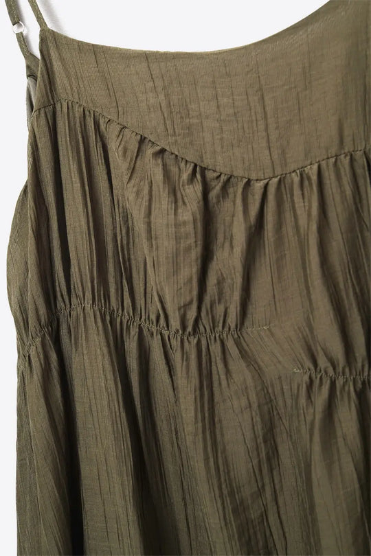 Khaki Midi Dress with Thin Straps and Crinkled Detail - Dresses