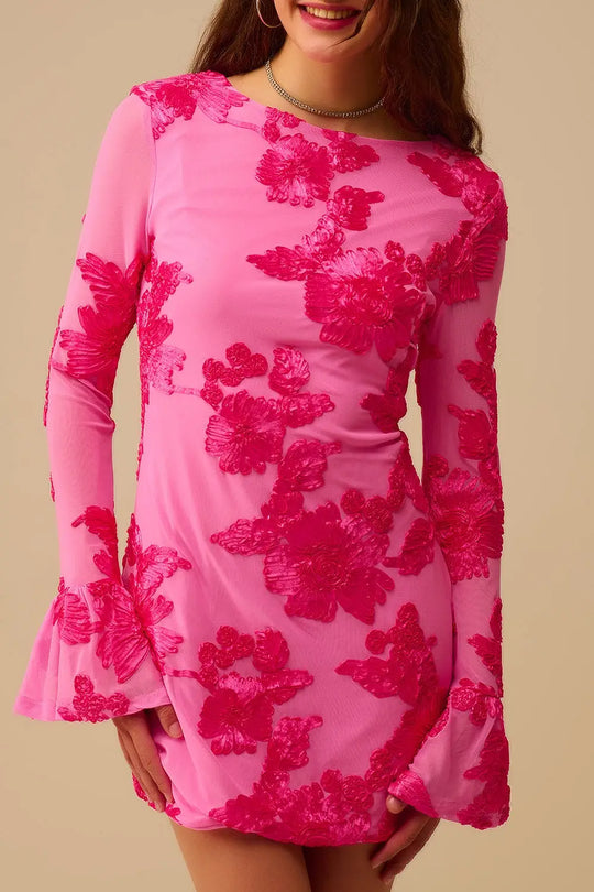 fuchsia chiffon mini dress with floral brocade - Dresses