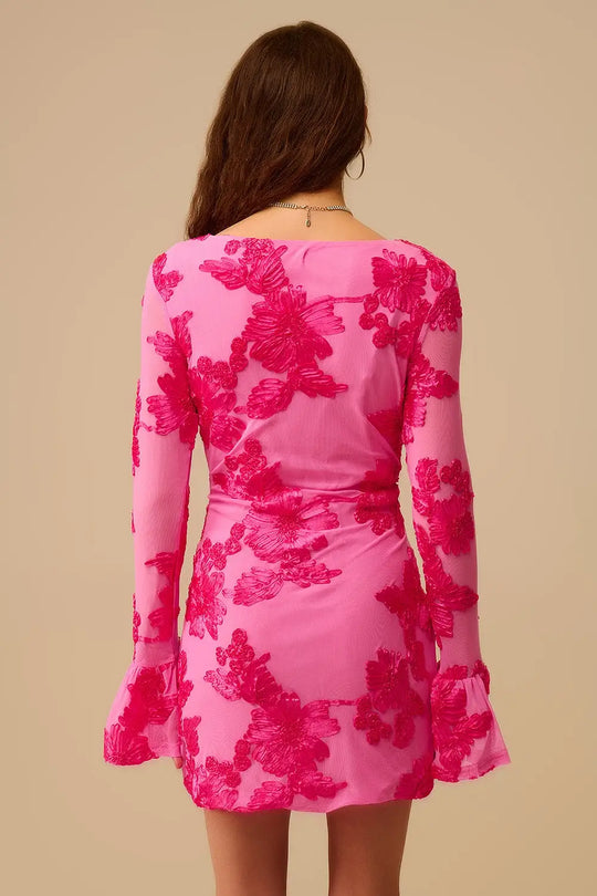 fuchsia chiffon mini dress with floral brocade - Dresses