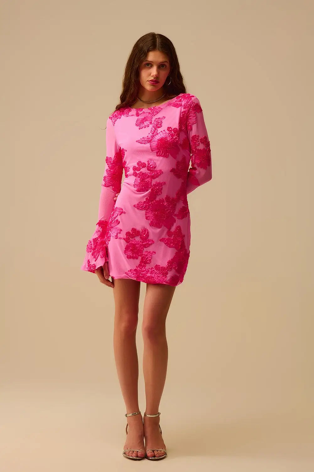 fuchsia chiffon mini dress with floral brocade - Dresses
