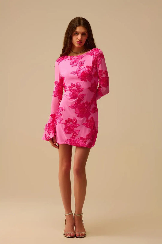 fuchsia chiffon mini dress with floral brocade - Dresses
