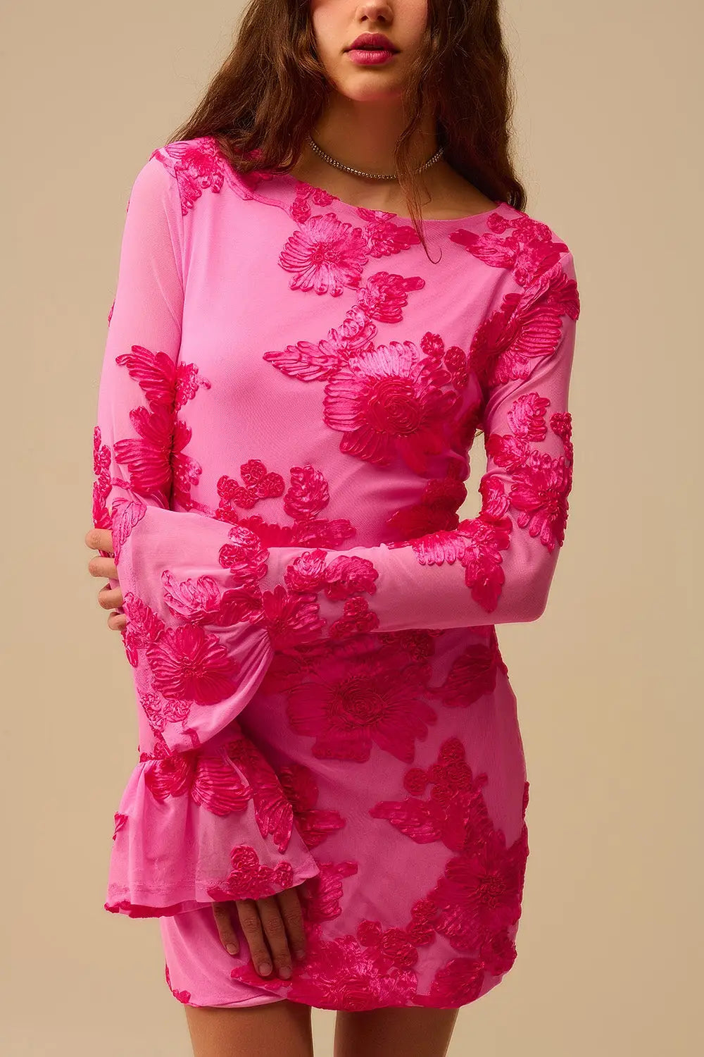 fuchsia chiffon mini dress with floral brocade - Dresses