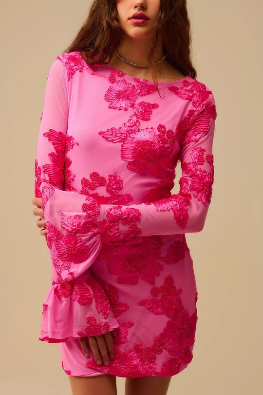 fuchsia chiffon mini dress with floral brocade - Dresses